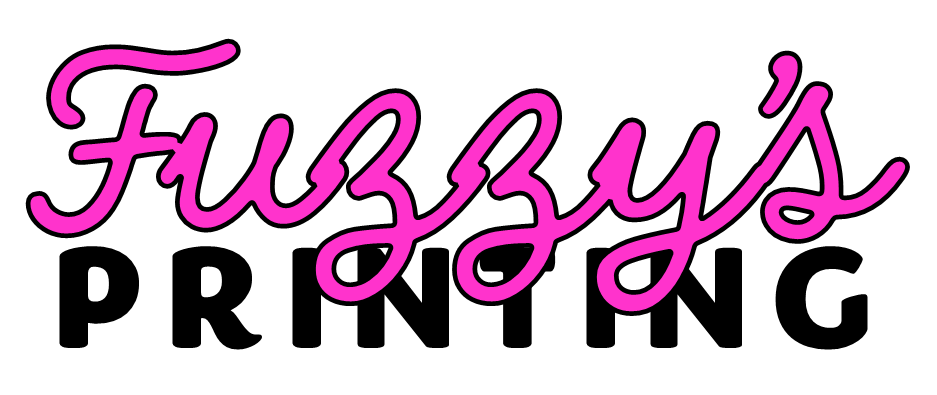 Logo for Fuzzy's Printing with pink and black text on a white background